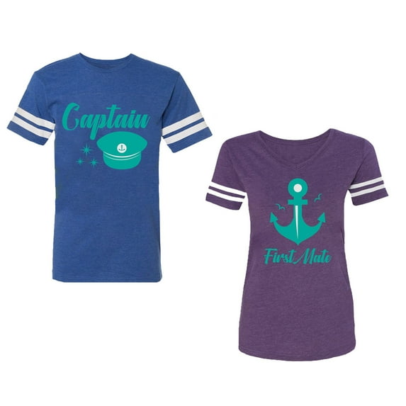 Captain First Mate Unisex Couple Matching Cotton Jersey style T-Shirt Contrasting stripes on sleeves (Men Royal / Women Purple) (Men XXXL / Women XXL)