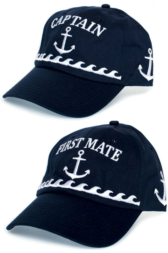 Captain Hat & First Mate Matching Set (2 Pack) Dad Caps Adult Embroidered Navy
