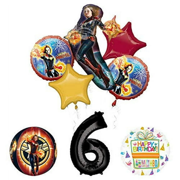 Captain Marvel 6th Birthday Party Supplies Balloon Bouquet Decorations with 4 Sided Orbz Balloon