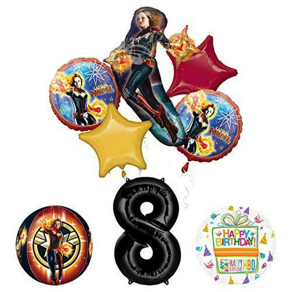 Captain Marvel 8th Birthday Party Supplies Balloon Bouquet Decorations with 4 Sided Orbz Balloon