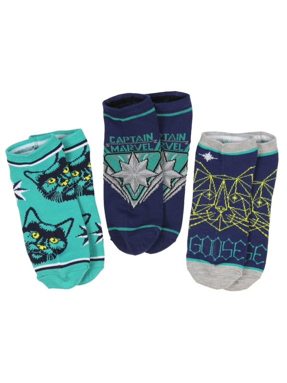 Captain Marvel Adult Goose The Cat Kree Colors 3 Pack Mix and Match No Show Ankle Socks