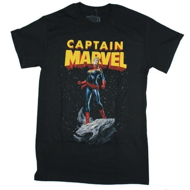 Captain Marvel Comics Mens T-Shirt - Standing Powerful Carol Under Logo Image (Large)