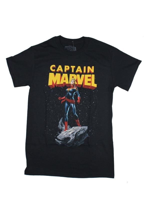 Captain Marvel Comics Mens T-Shirt - Standing Powerful Carol Under Logo Image (Medium)