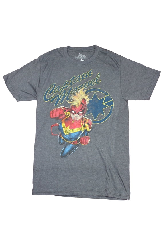 Captain Marvel Mens  T-Shirt - Full Costumed Flying Power Distressed Image (2X-Large)