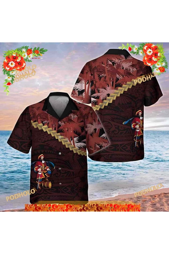 Captain Morgan Hawaiian Shirt, Palm Tree Blend Polynesian Pattern