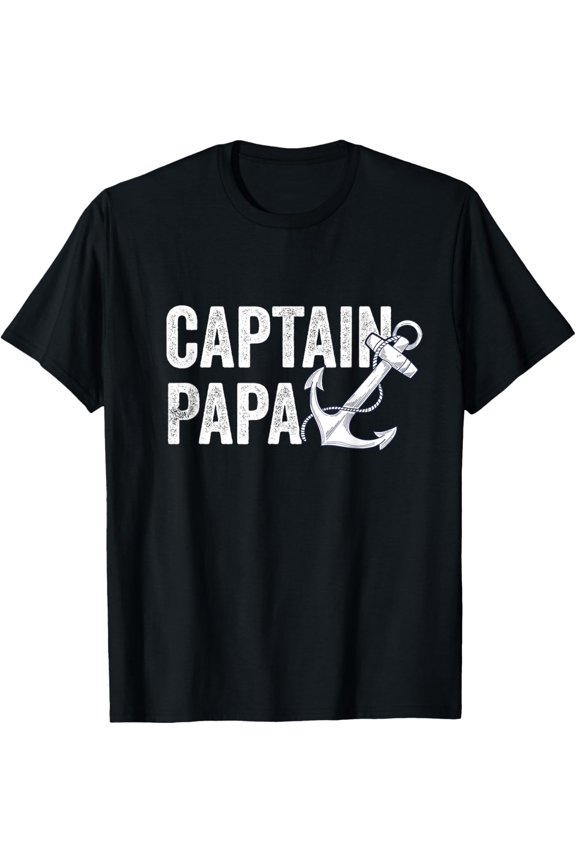 Captain Papa Pontoon Gift Lake Sailor Fishing Boating T-Shirt- Classic Hiking shirt Unisex 100% Cotton Crew Neck T-Shirt Breathable Casual Everyday Wear Affordable Graphic Soft Cheap t shirts