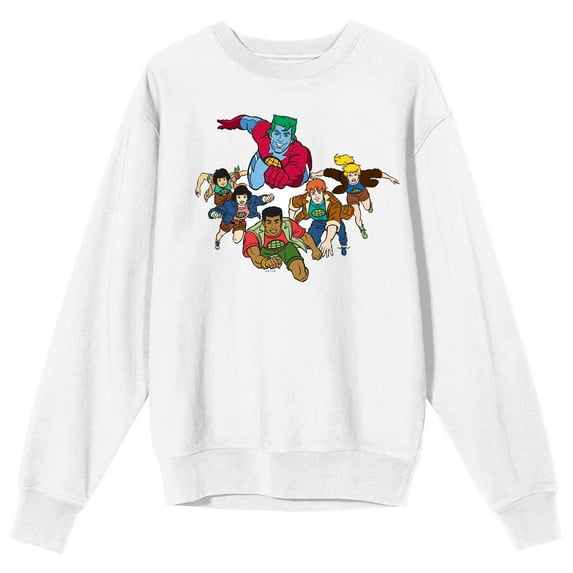 Captain Planet Planeteers Charging Into Action Crew Neck Long Sleeve White Adult Sweatshirt