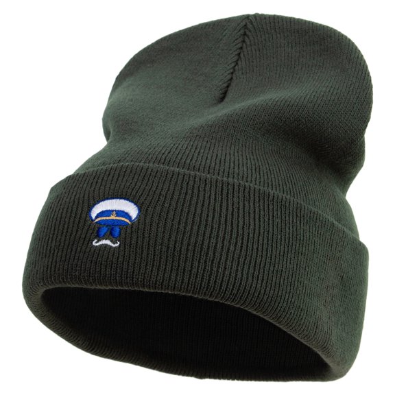 Captain Sailor Face Embroidered 12 Inch Long Knitted Beanie - Olive OSFM