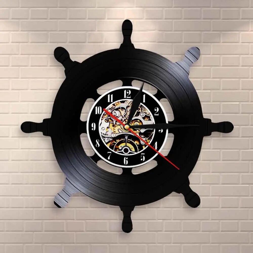 Captain Ship Wheel Vinyl Wall Clock,Vinyl Record Clock Wall Art Black ...