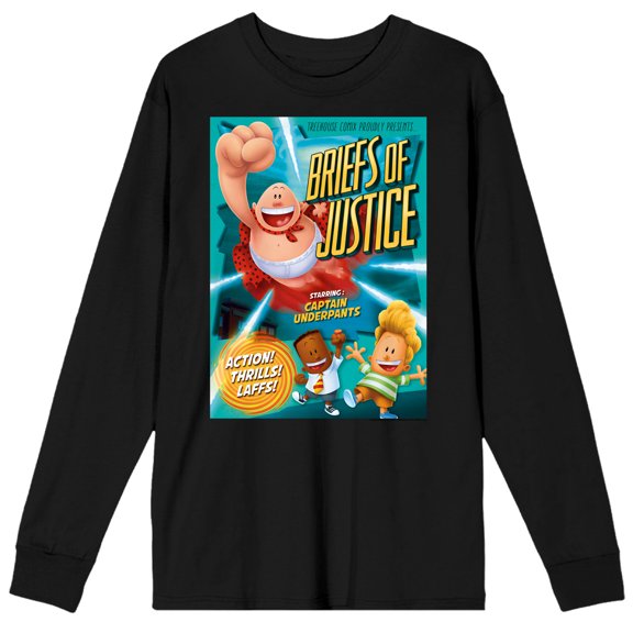 Captain Underpants Briefs of Justice Adult Black Long Sleeve Tee-Medium