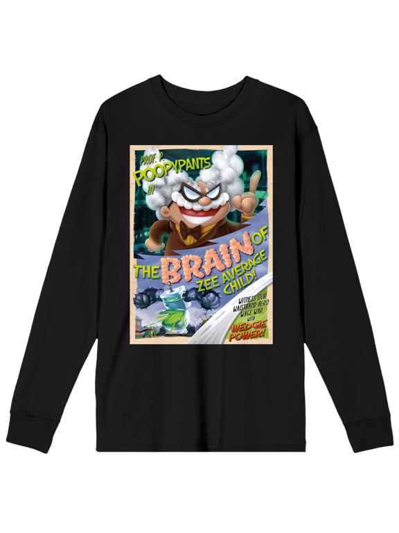 Captain Underpants Prof. Poopypants Poster Art Crew Neck Long Sleeve Black Adult Tee-Medium