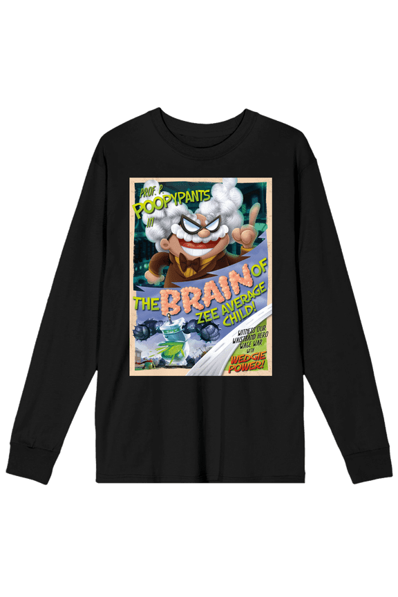 Captain Underpants Prof. Poopypants Poster Art Crew Neck Long Sleeve Black Adult Tee-XS