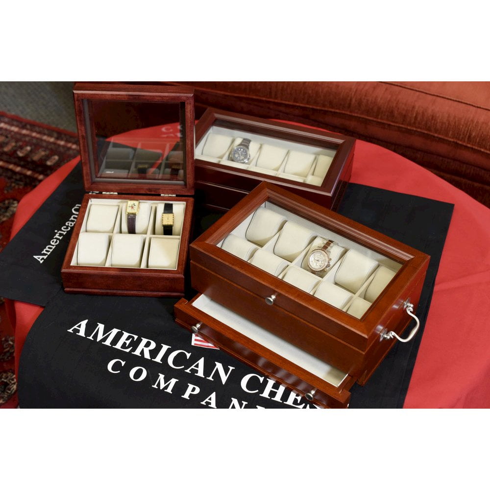 Mahogany Finish Men's Wood Watch Box with Glass Top and Drawer