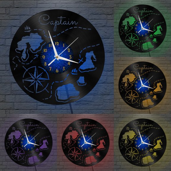 Captain's Nautical Chart 12 Inch Vinyl Record Wall Clock - Silent, Creative, and Unique Clock for Living Room, Entryway, or Bedroom Decor - Perfect Gift Idea(12 inchs B with LED)
