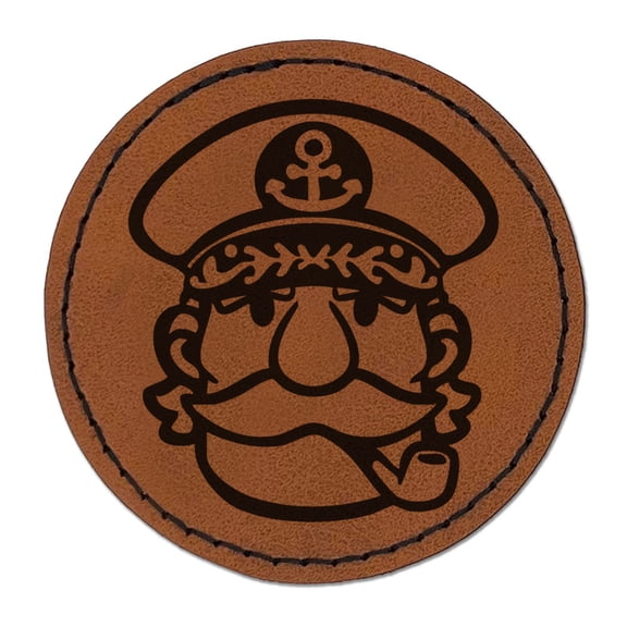 Captain with Hat and Pipe Round Iron-On Engraved Faux Leather Patch Applique - 2.5 Inch - Brown