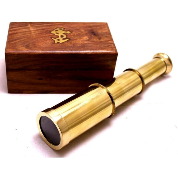 Captains 6" Brass Handheld Mini Telescope with Wooden Box Nautical Collectibles