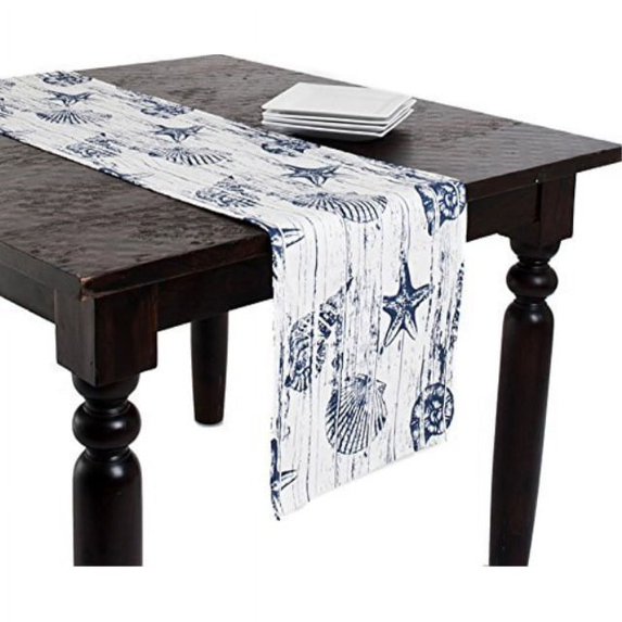 Captiva Island Nautical Table Runner, 14"x72" Rectangular, 100% Cotton, Indigo and White Colors, One Piece