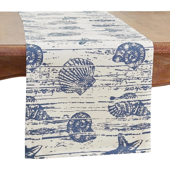 Fennco Styles Nautical Seashell Design Cotton Table Runner 14" W X 72" L – Indigo Coastal Prints Table Cover for Dining Room Decor, Everyday Use, Summer Gathering, Banquets, and Special Occasions