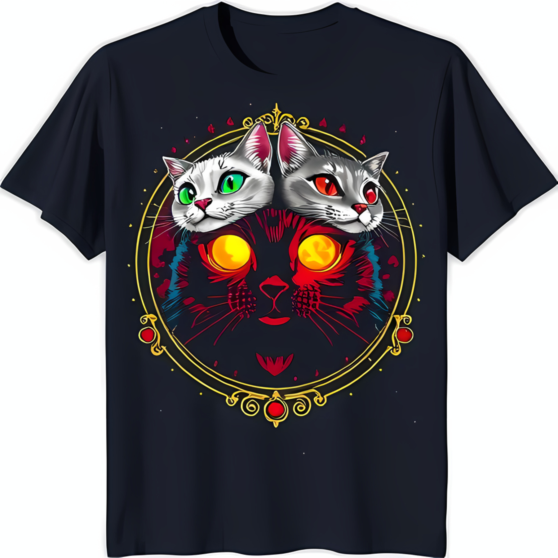Captivating Cat Face Graphic TShirt Eerie Glow Eyes & Golden Circle