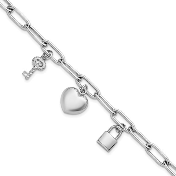 Captivating Heirloom Gorgeous Sterling Silver Rhodium-plated Heart Lock and Key with CZ 7.5 inch Paperclip Chain Toggle Bracelet Brilliant Polished Unique