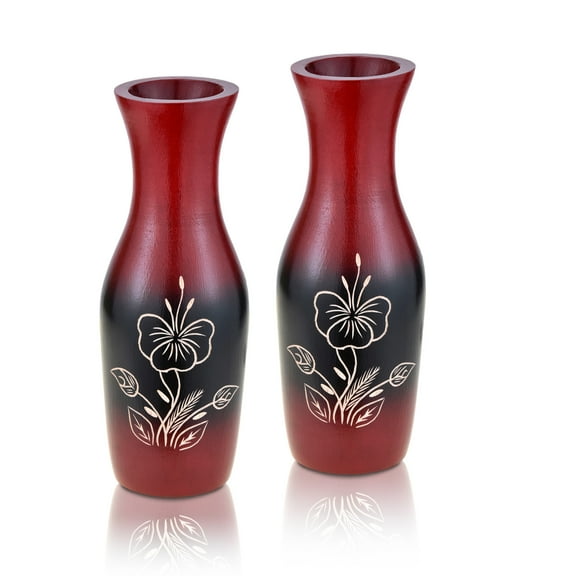 Captivating Hibiscus Flower Red and Black 8-inch Mango Tree Wood Set of 2 Vase