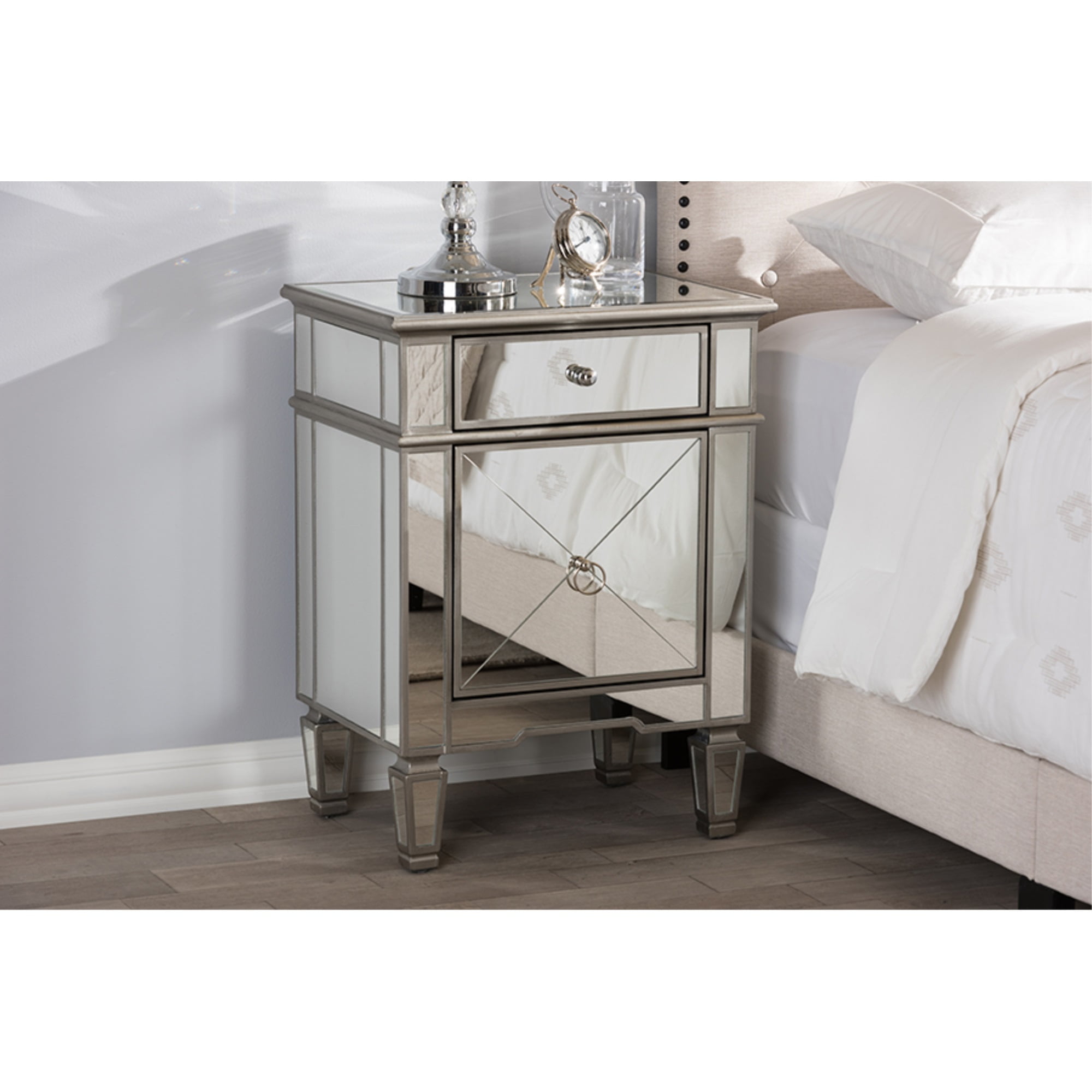 Claudia Silver Mirrored 1-Drawer Nightstand with Crosshatch Detail