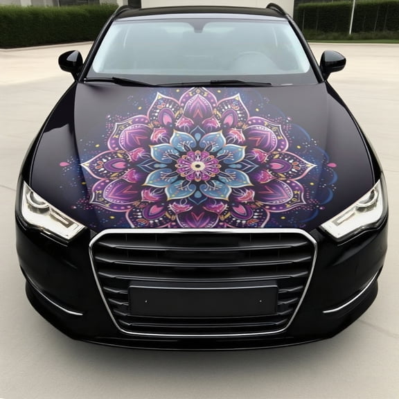 Captivating Mandala Car Hood Wrap - Self-Adhesive, Waterproof PVC Vinyl Sticker, Scratch-Resistant Multicolor Glowing Neon in Blue, Pink, Purple, Black, Golden, And Pink Design for Vehicles, Trucks,
