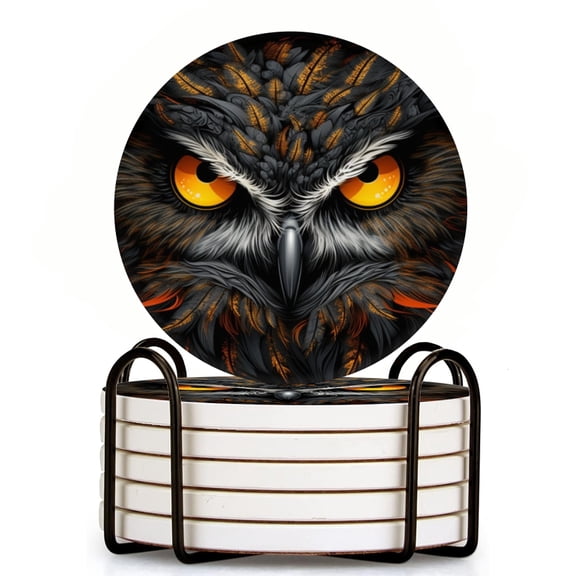 Captivating Owl Face With Glowing Eyes Set of 6 Ceramic Coasters with Holder, Absorbent Drink Bar Coasters, Table Coasters for Living Room Decor Tabletop Protection