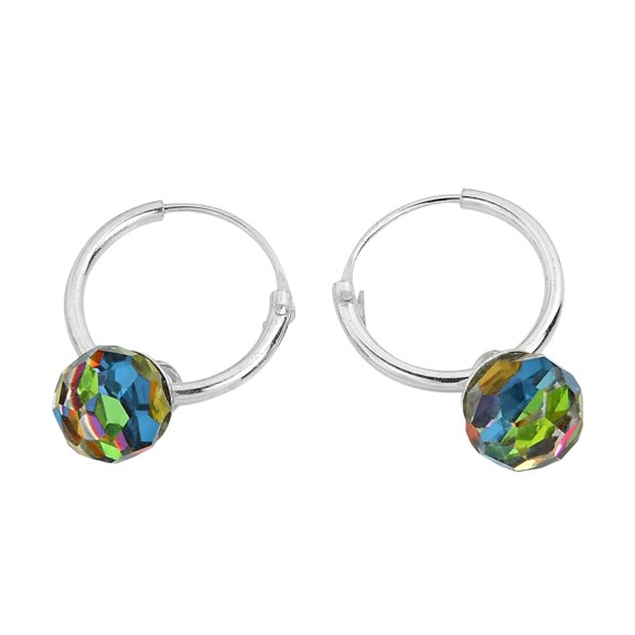 Captivating Rainbow Fashion Crystal Ball Prism .925 Sterling Silver Hoop Earrings