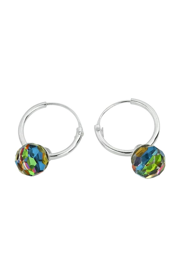 Captivating Rainbow Fashion Crystal Ball Prism .925 Sterling Silver Hoop Earrings
