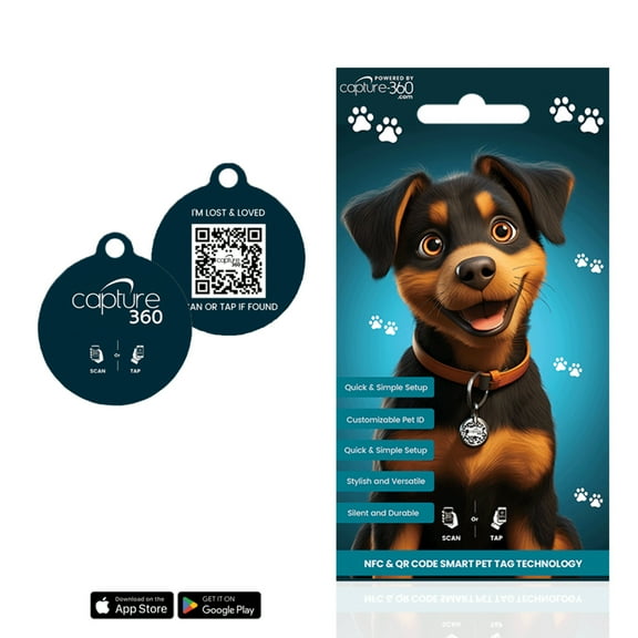 Capture 360 NFC and QR Code Smart Pet ID Tag - Digital Epoxy Dog Cat Collar Tag for Easy Pet Identification - Durable, Waterproof, and Fast Owner Contact