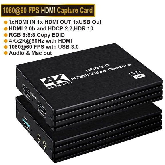 Capture Card USB 3.0, 4K HDMI Video Capture Device to USB/Type-C with Microphone & HDMI Loop-Out, Game Capture Card for Live Broadcasting Compatible with Nintendo Switch/ PS4/ OBS/ Camcorders