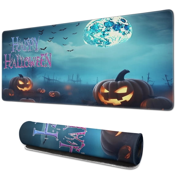Capture Halloween Spirit with Glowing Pumpkin Mouse Pad - Spooky Forest Design, Large 31.5x11.8 Inch, Non-Slip Base, Waterproof – Ideal for Office, Gaming Laptop Gaming Mouse Pad