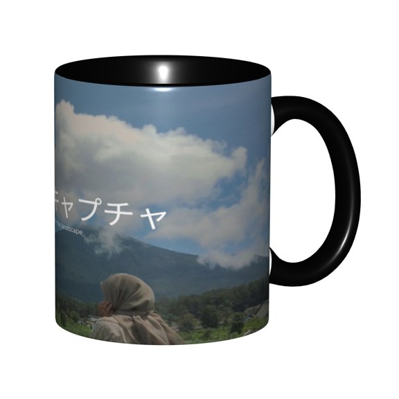 Capture The Landscape Japanese Text Misty Volcano Mountain Grass Field Woman Back View Ceramic Mug 11oz, Soft Aesthetic Rural Mountain Wanderlust Scene Cup, Microwave Safe Gift for Travel & Landscape