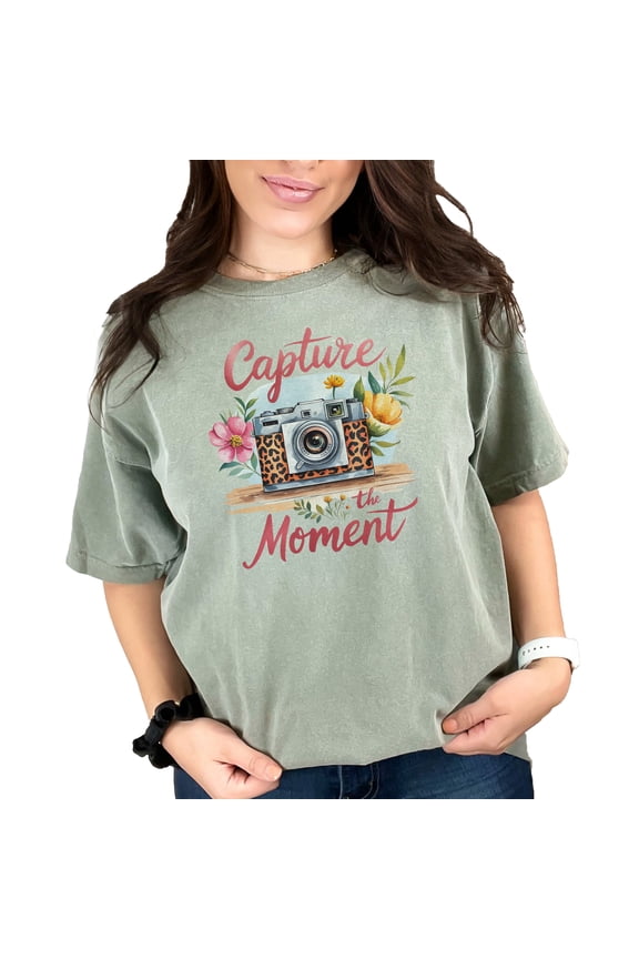 Capture the Moment Camera T-Shirt, Retro Floral Camera Graphic Tee, Vintage Photography Shirt, Perfect Gift for Camera Lovers, Moss Comfort Colors T-Shirt, Large