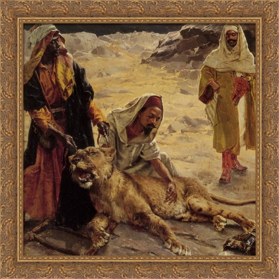Captured Lion 28x28 Large Gold Ornate Wood Framed Canvas Art by Rudolf Ernst