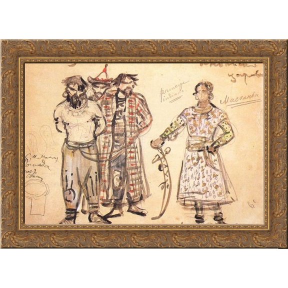 Captured Pechenegs (Costume design for the opera Rogneda) 24x18 Gold Ornate Wood Framed Canvas Art by Mikhail Vrubel