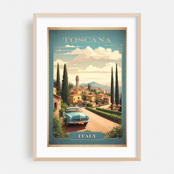 Capturing Toscana's Beauty: Vintage Retro Travel Art - Tuscany Italy Illustration Travel Poster Vintage Architecture Scenic Landscape Car Rural Oak Framed Wall Art Print 5 x 7 inches