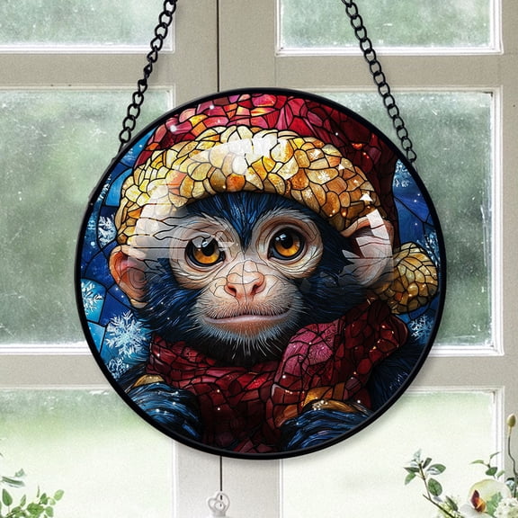 Capuchin Monkey Ornament Christmas 2025, Capuchin Monkey Stained Glass Hanging Window Decoration Unique Glass Panel for Natural Light Display