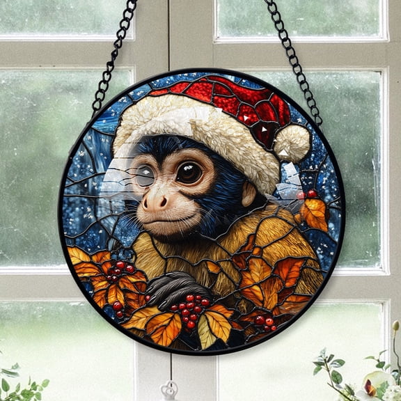 Capuchin Monkey Ornament Christmas 2025, Capuchin Monkey Stained Glass Window Hanging Colorful Decorative Sun Catcher for Home and Holiday Decor