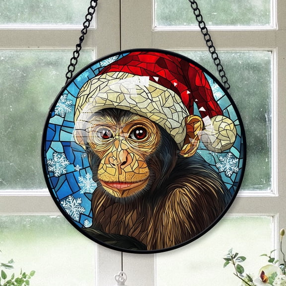 Capuchin Monkey Ornament Christmas 2025, Capuchin Monkey Stained Glass Window Panel Decorative Hanging Glass Art for Home or Garden
