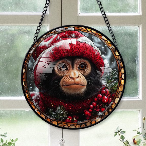 Capuchin Monkey Ornament Christmas 2025, Capuchin Monkey Stained Glass Window Panel Elegant Handmade Glass Artwork for Home Decoration