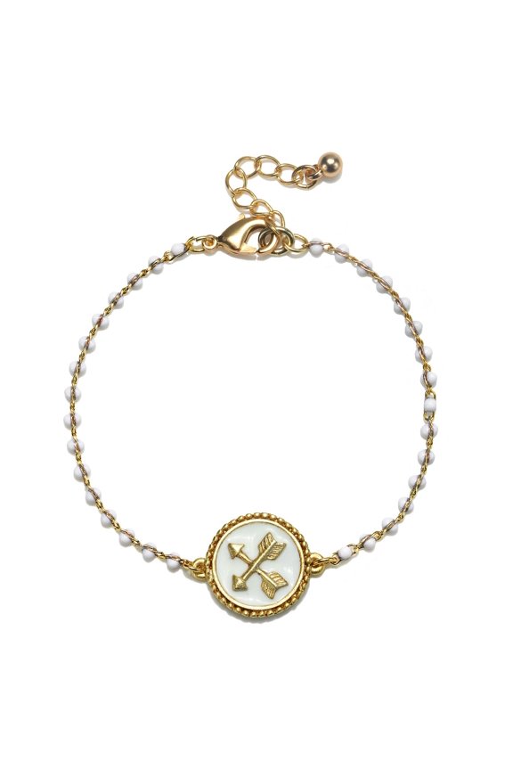 . Double Arrow Bracelet, Gold Tone, White Beads - NEW