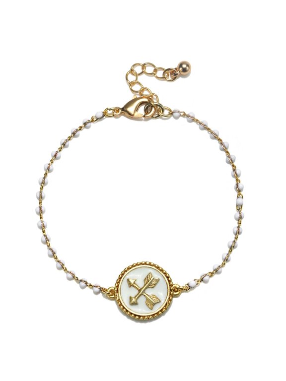 . Double Arrow Bracelet, Gold Tone, White Beads - NEW