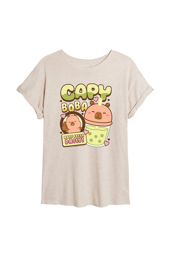 - Capybara Capy Boba - Juniors Oversized Graphic T-Shirt