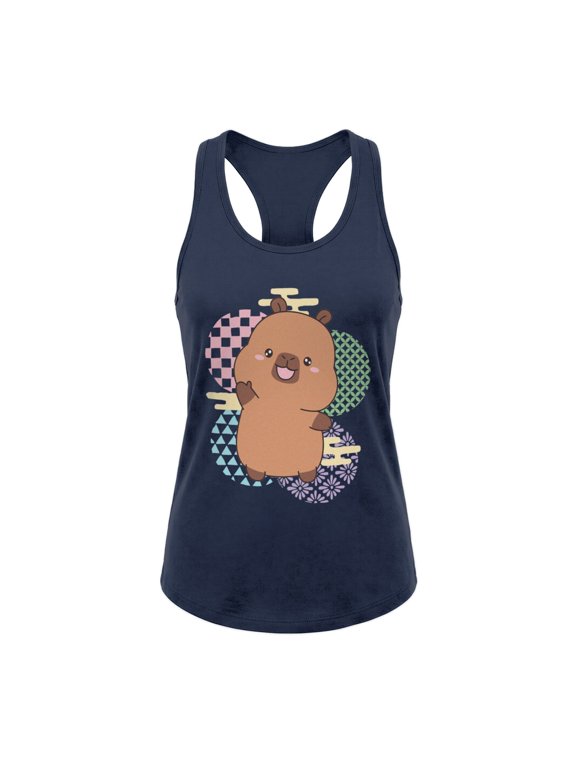 Happy Wave Brown Capy On Circle Pattern Womens Tank Top (Midnight Navy, S-XXL)