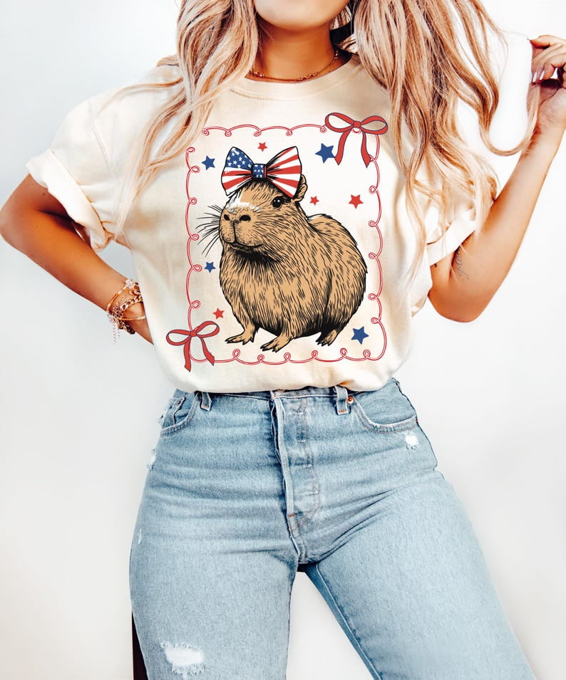 Capybara 4th of July T-shirt, Patriotic Animal, USA Flag Bow, Funny ...