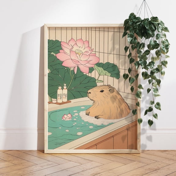 Capybara Aesthetic Spa Japanese Bathroom Wall Picture, Unframed Paper Poster 8x10in