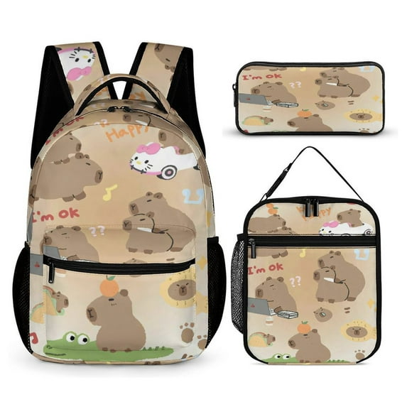Capybara Backpack Cute 17 Inch 3 Piece Set with Insulated Lunch Bag and Pencil Case, Bookbag Laptop Backpack Cartoon Durable Lightweight Casual Backpack