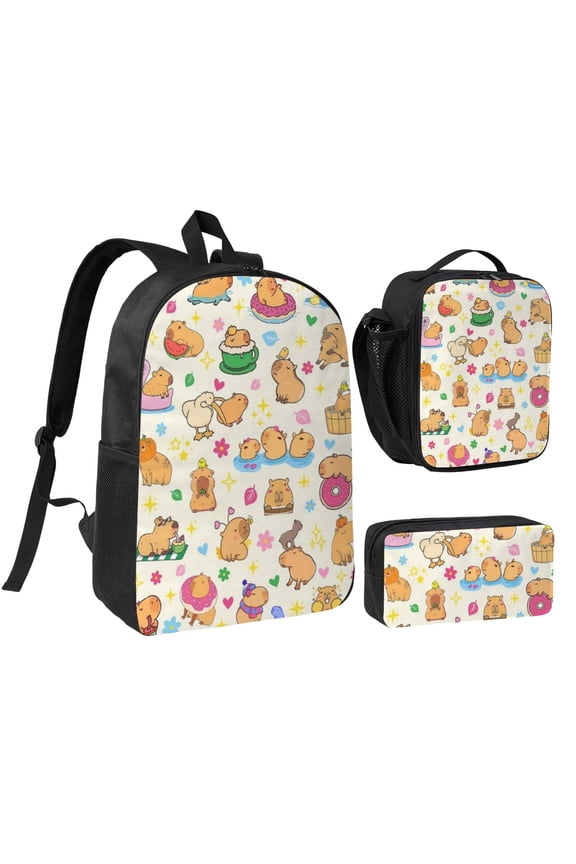 Capybara Backpack Set 3pc ，Backpack with Lunch Bag and Bag 17 Inch